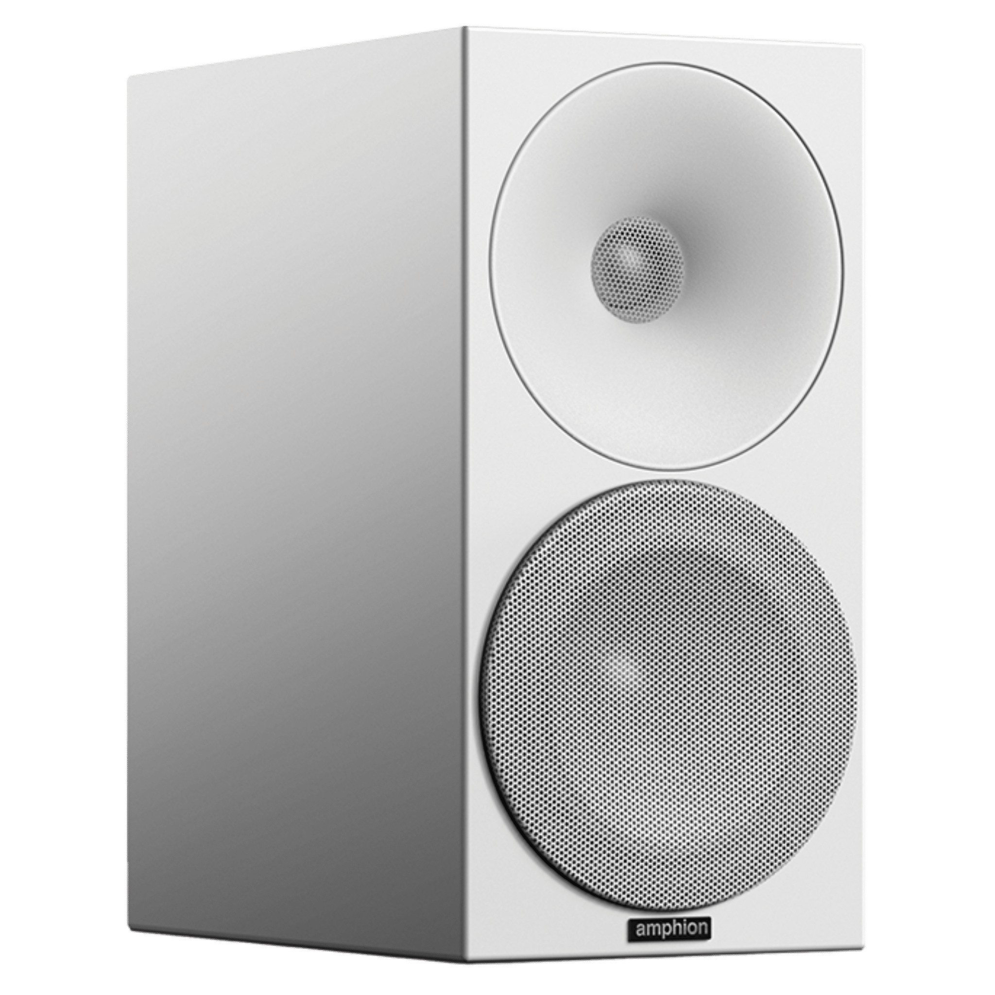 Amphion Helium510 bookshelf speakers in white, front view