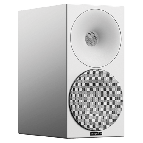 Amphion Helium510 bookshelf speakers in white, front view